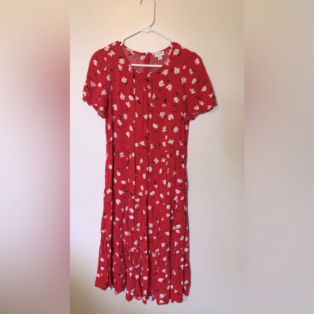 J. Crew Red Flutter Sleeve Floral Sundress Ruffled Tiered Skirt